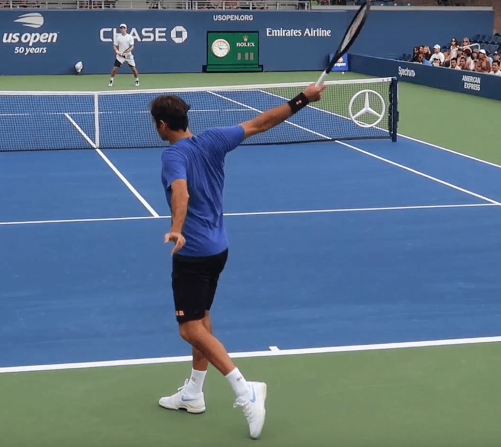 Federer practising with his old racquet at the US Open